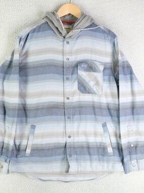 Simms Jacket Mens Large Blue Gray Striped Hooded Lightweight Shacket Snap Up